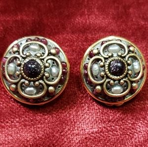 Michal Golan Semiprecious Stone and Freshwater Pearl Button Clip On Earrings